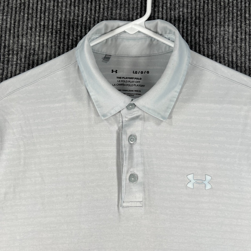 Under Armour Mens Shirt Polo Large Gray Striped Playoff Short Sleeve Heat Gear